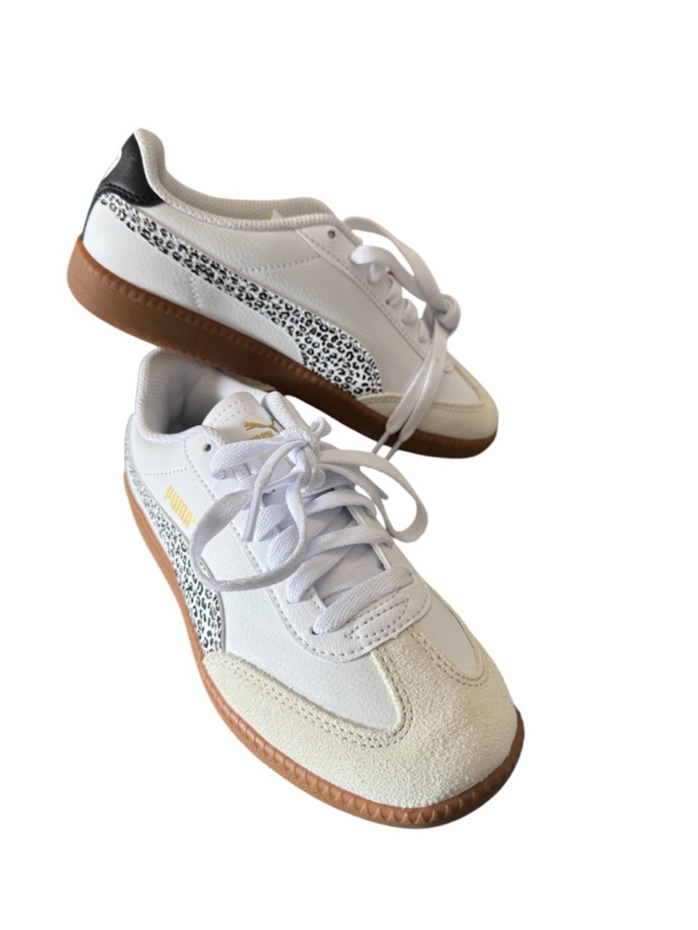 New Puma White Sneakers with Leopard-Print Formstripe and Gum Sole